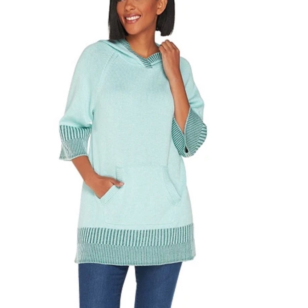 Isaac Mizrahi green hooded tunic sweater kangaroo pockets roglan 3/4 sleeves M